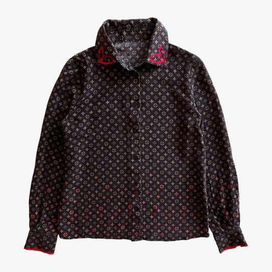 Vintage Y2K Womens Abstract Blossom And Love Heart Print Long Sleeve Brown Silk Shirt - Casspios Dream