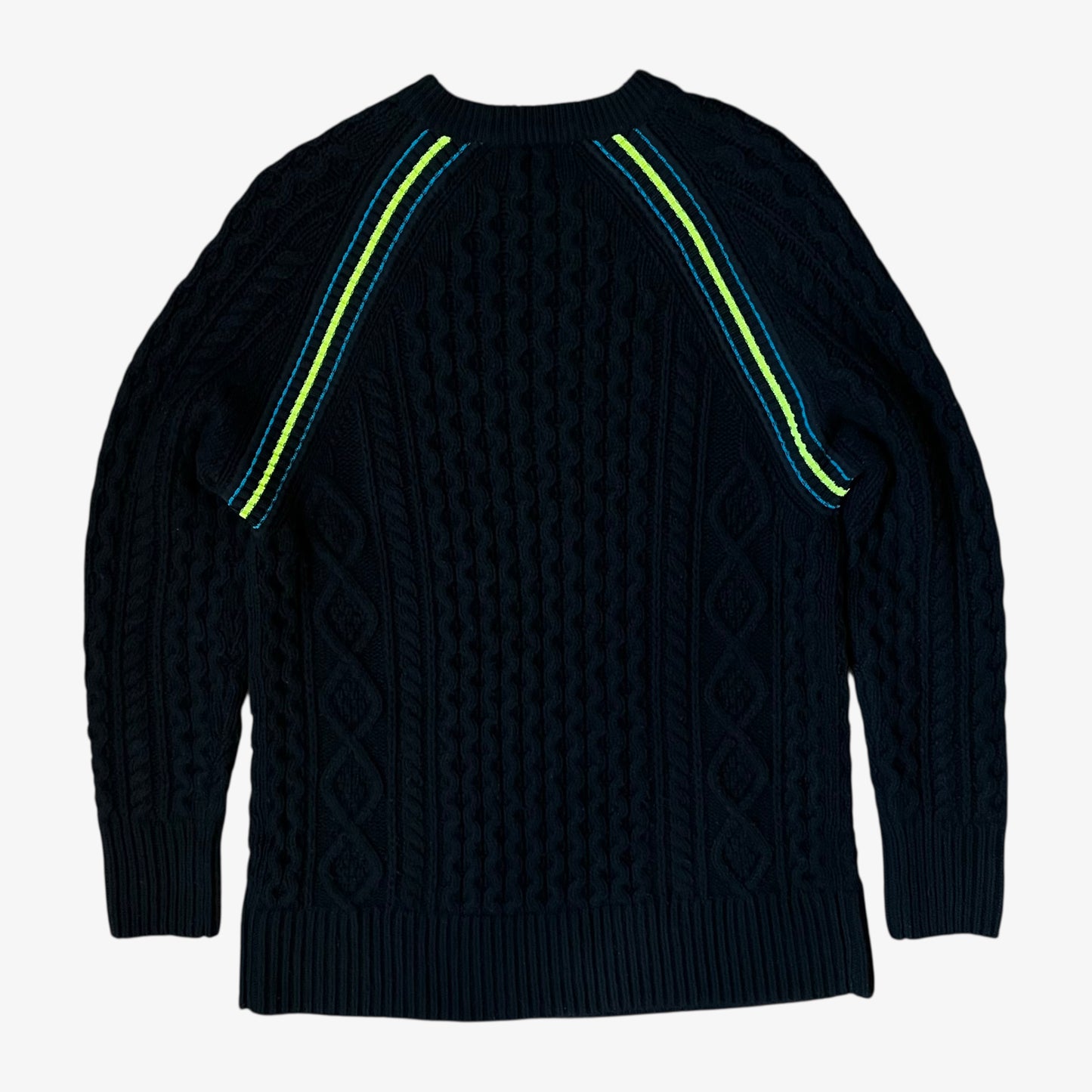 Back of vintage Y2K women's Alexander Wang neon trimmed cashmere and merino wool blend black cable knit jumper.
