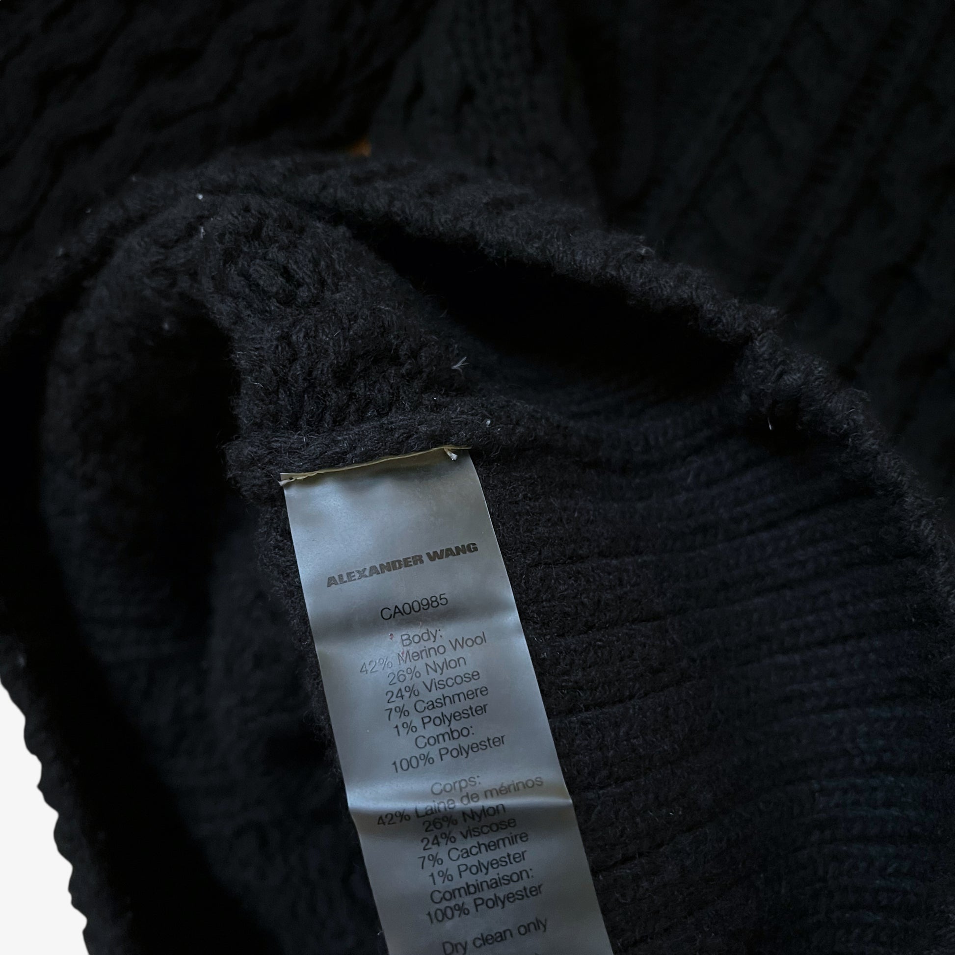 Alexander Wang material label stitched inside vintage Y2K women's neon trimmed cashmere and merino wool blend black cable knit jumper.