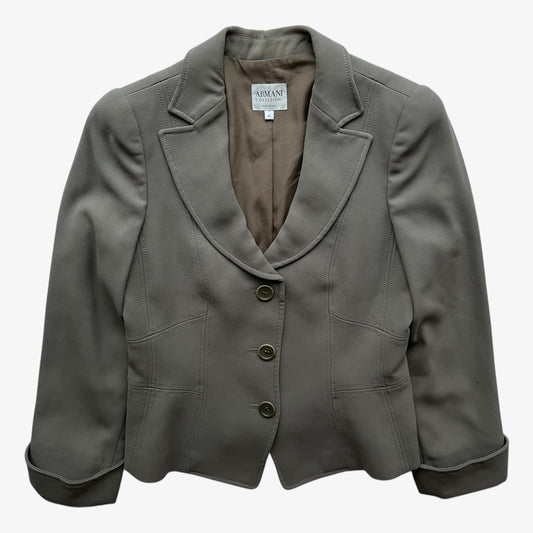 Vintage Y2K women's Armani Collezioni grey single breasted blazer on a white background.