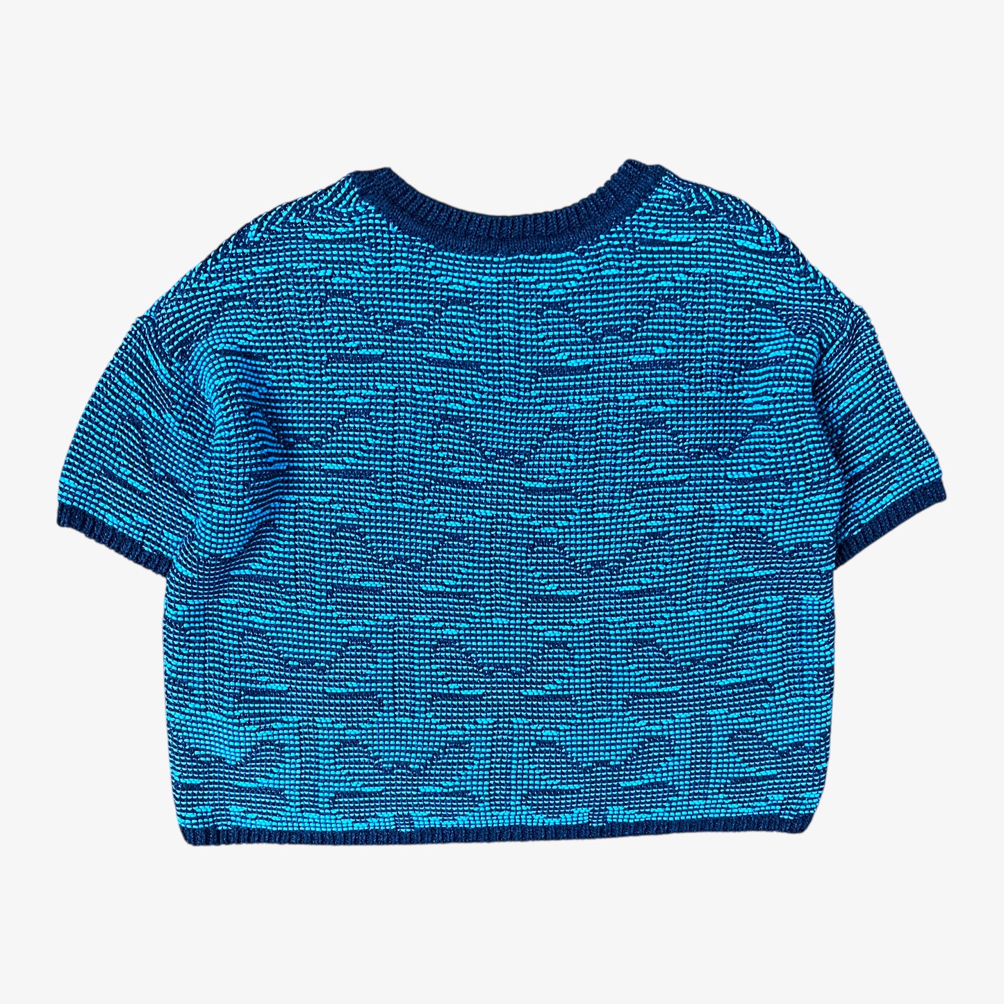Back of vintage Y2K Armani Jeans women’s blue knitted short sleeve top with geometric textured pattern.