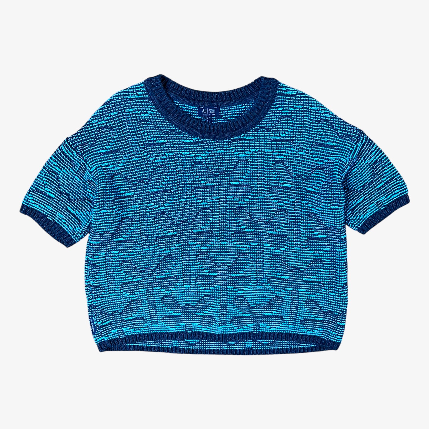 Vintage Y2K Armani Jeans women’s blue knitted short sleeve top with geometric textured pattern.