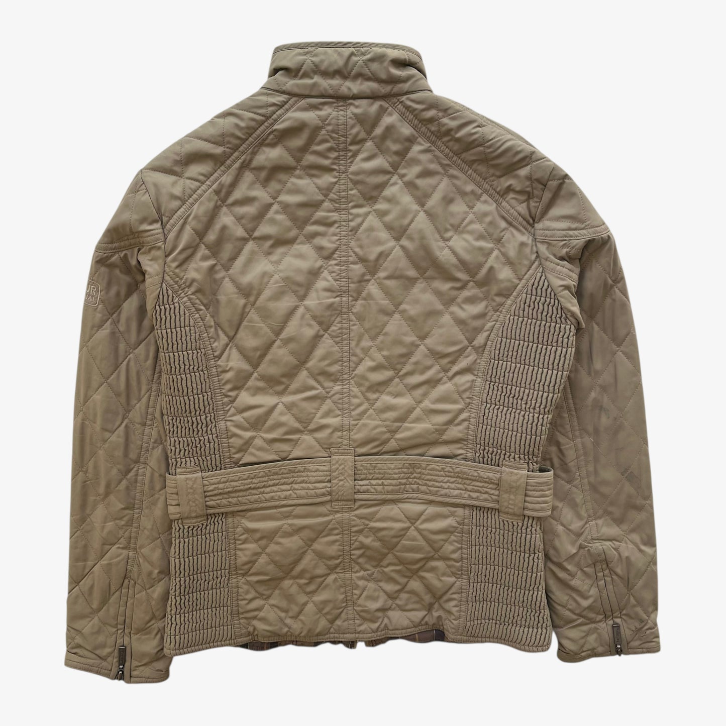 Vintage Y2K Womens Barbour Beige Quilted Jacket With Embroidered England Flag Back - Casspios Dream