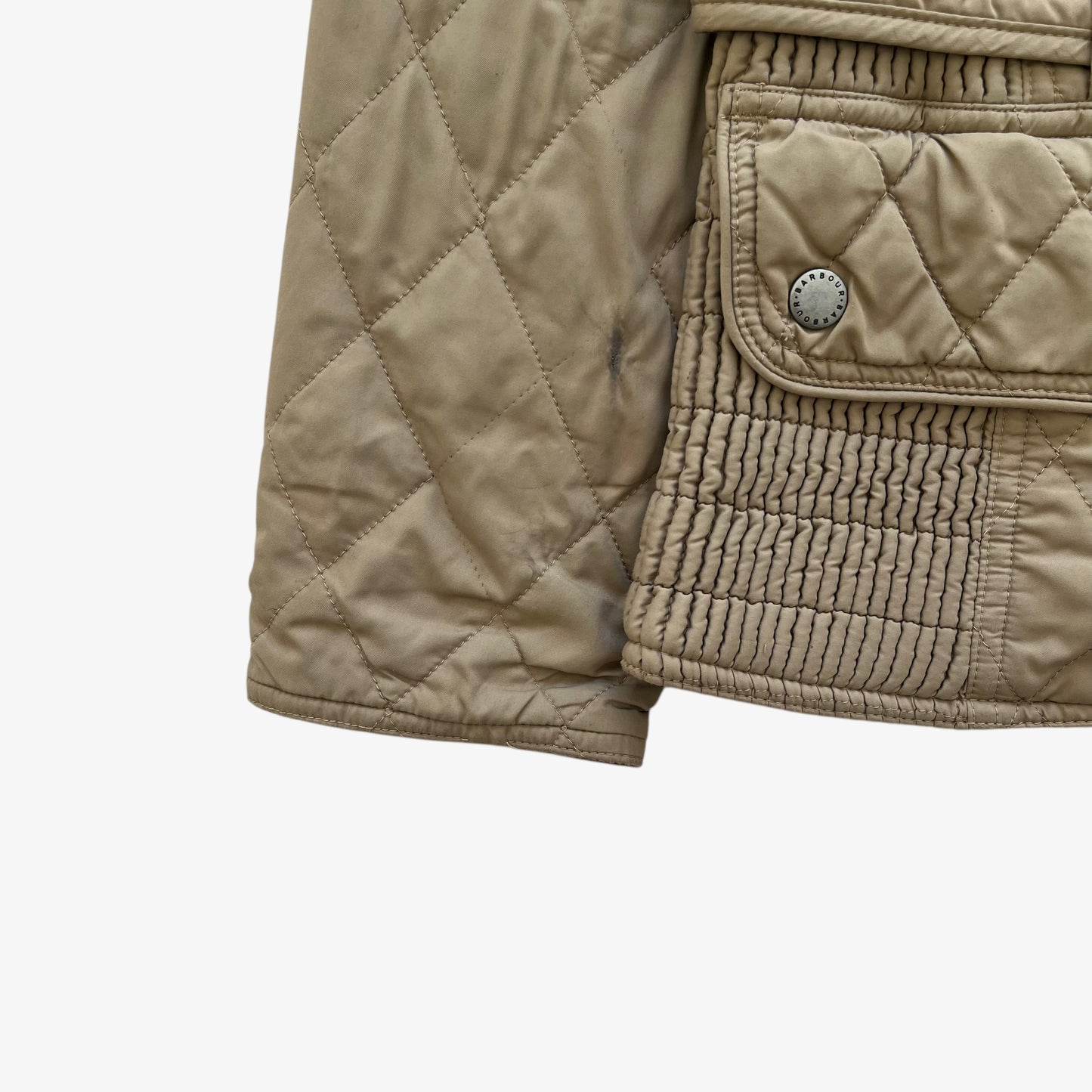 Vintage Y2K Womens Barbour Beige Quilted Jacket With Embroidered England Flag Cuff - Casspios Dream