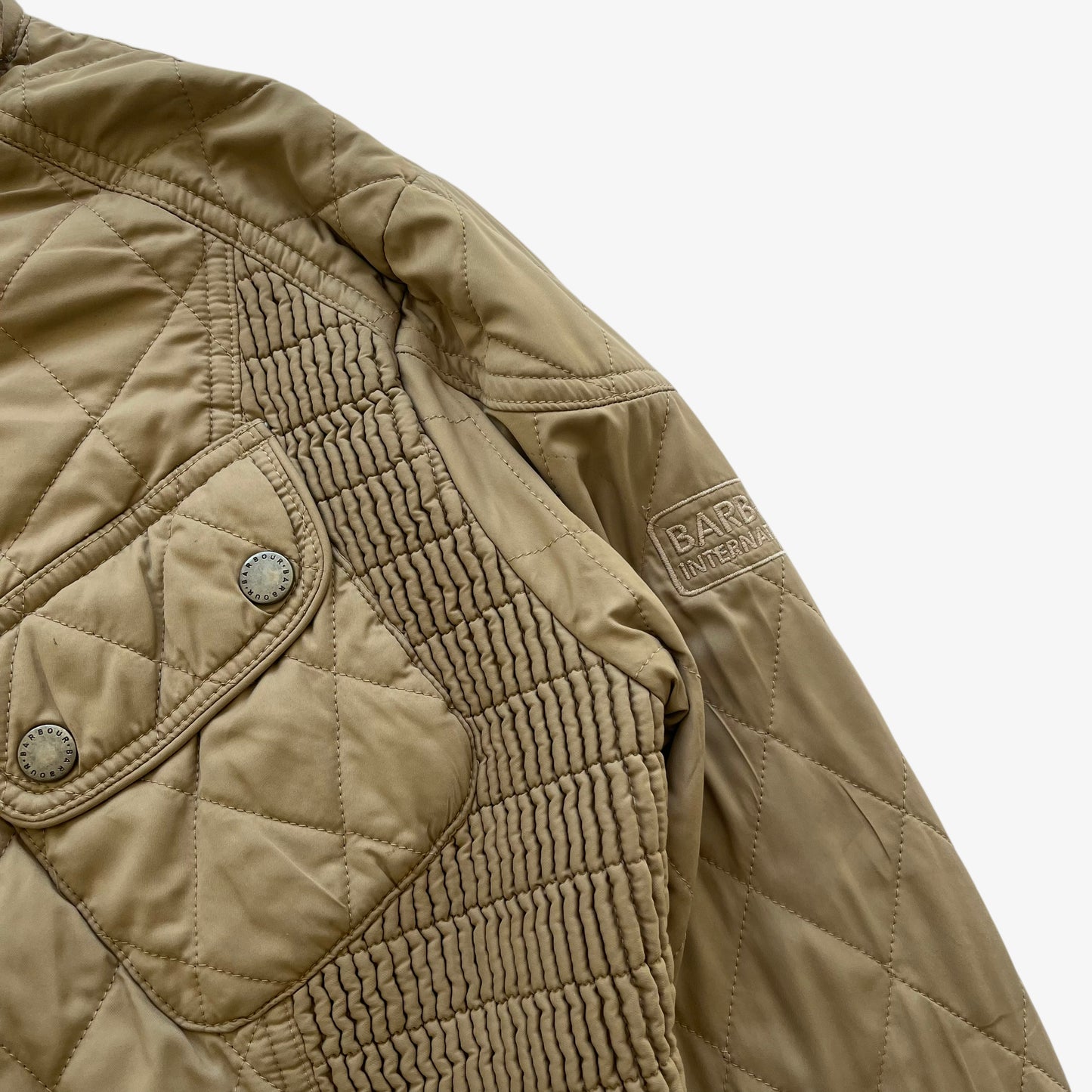 Vintage Y2K Womens Barbour Beige Quilted Jacket With Embroidered England Flag Logo - Casspios Dream