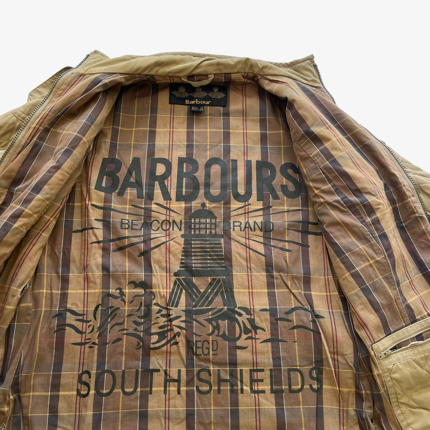 Vintage Y2K Womens Barbour Beige Quilted Jacket With Embroidered England Flag Tartan - Casspios Dream
