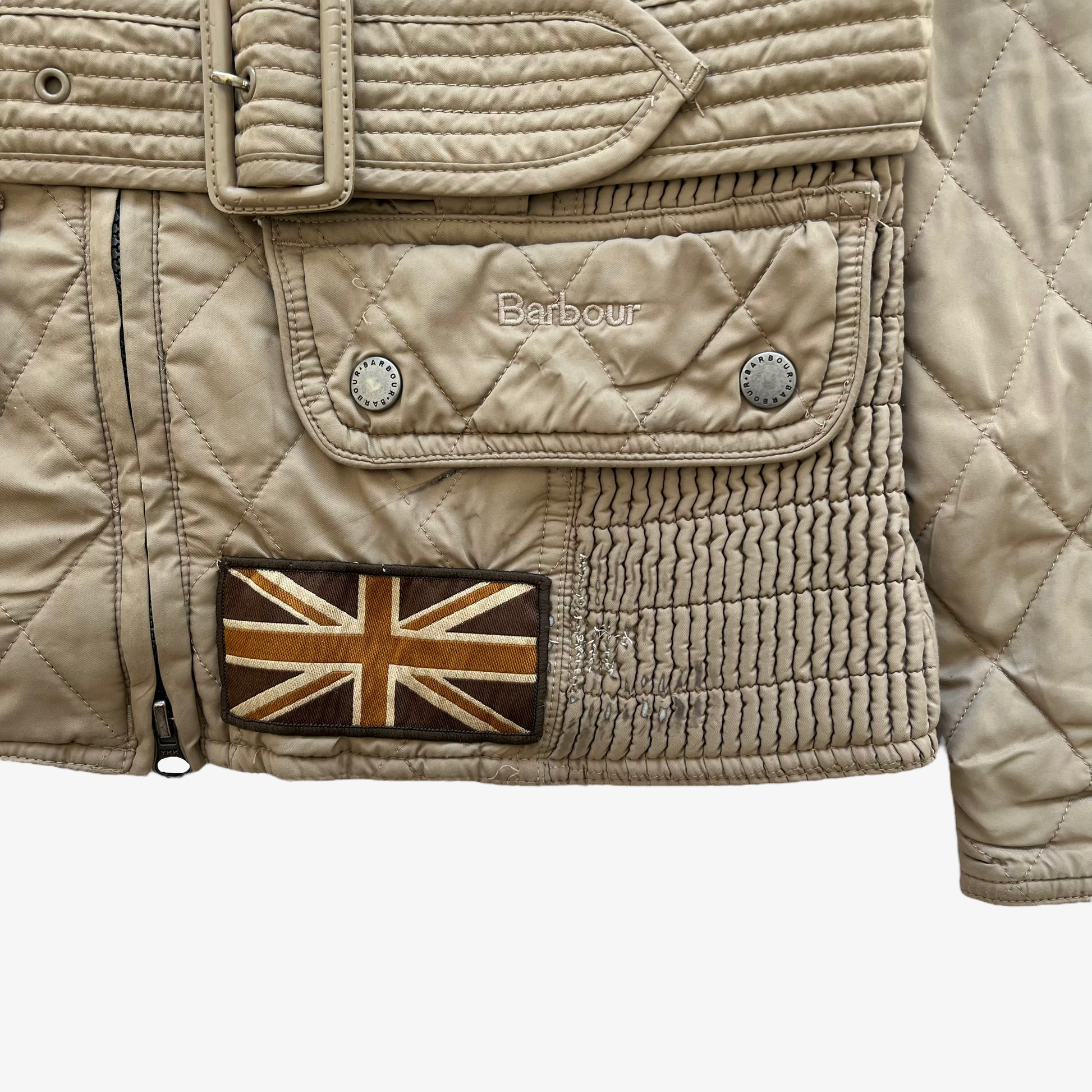 Vintage Y2K Womens Barbour Beige Quilted Jacket With Embroidered England Flag UK - Casspios Dream