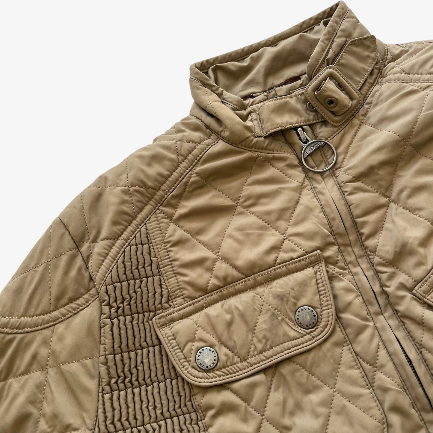 Vintage Y2K Womens Barbour Beige Quilted Jacket With Embroidered England Flag Utility - Casspios Dream