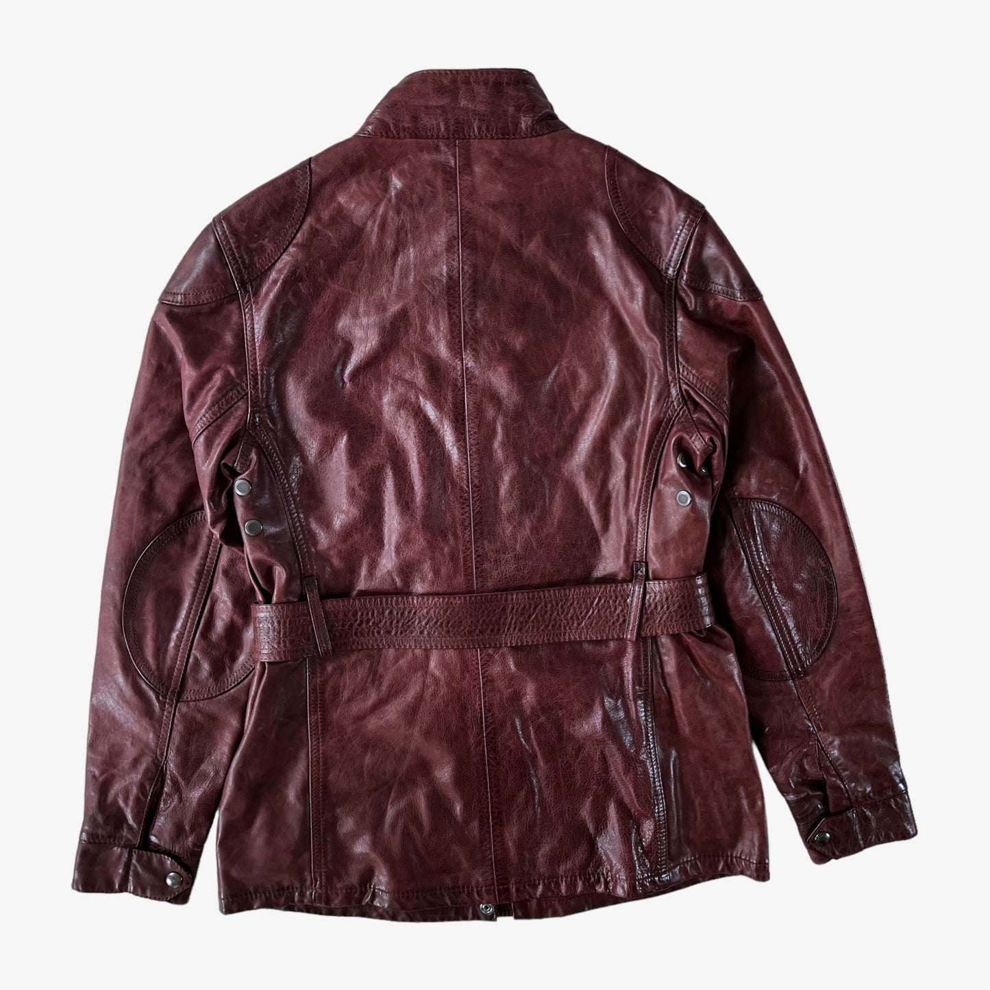 Vintage Y2K Womens Belstaff Trialmaster Panther 1966 Burgundy Leather Jacket Back - Casspios Dream