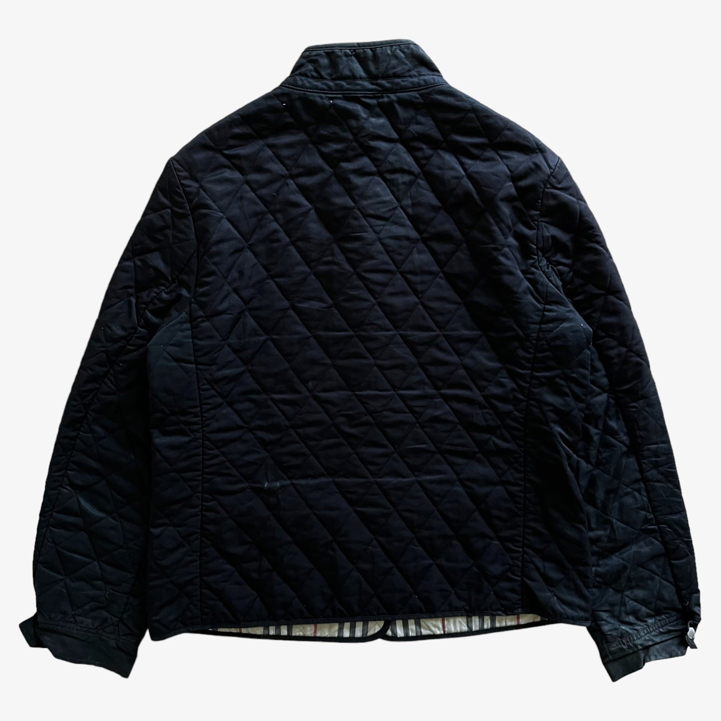 Vintage Y2K Womens Burberry Black Quilted Jacket With Nova Check Lining Back - Casspios Dream Vintage