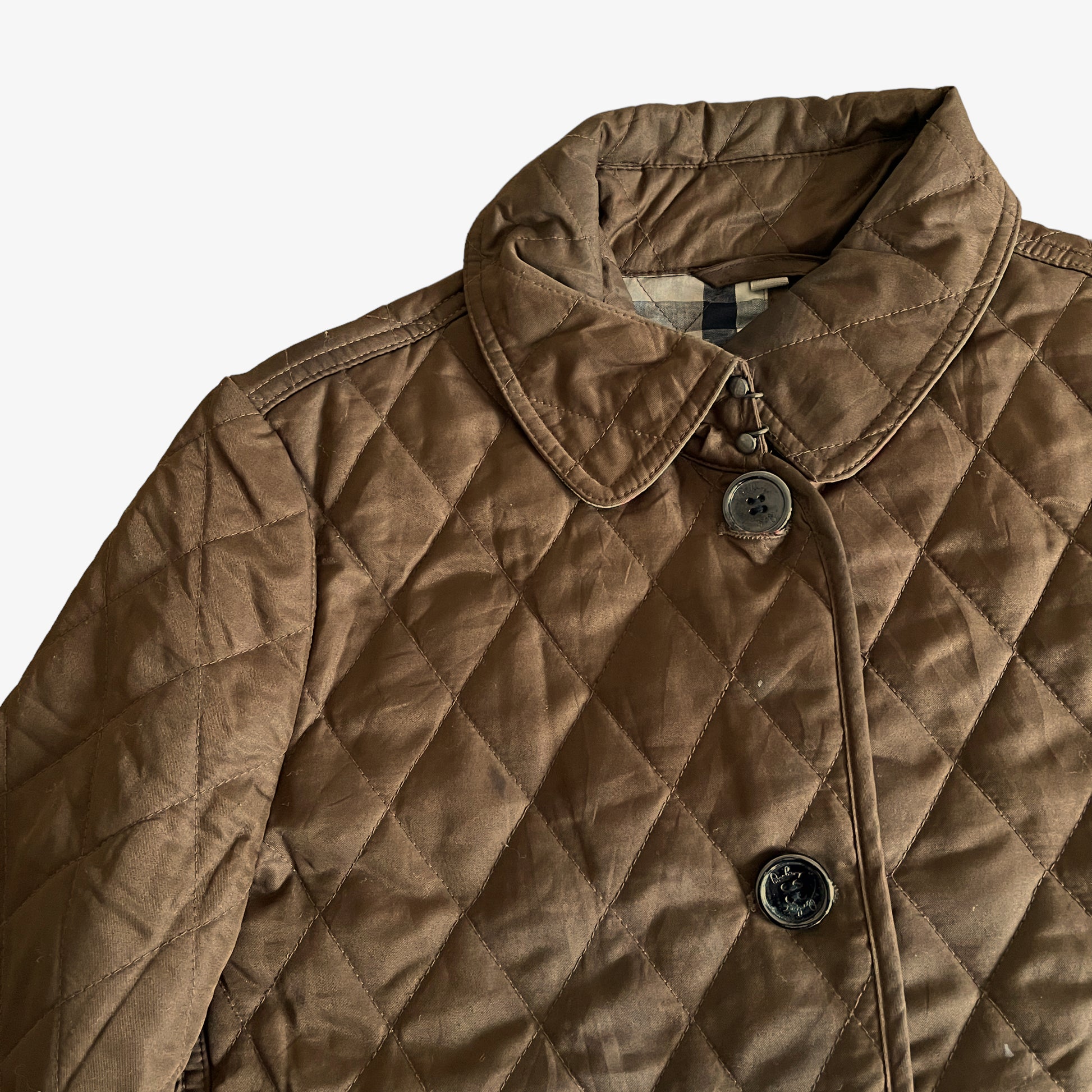 Vintage Y2K Womens Burberry Brit Brown Quilted Jacket With Nova Check Lining Button - Casspios Dream
