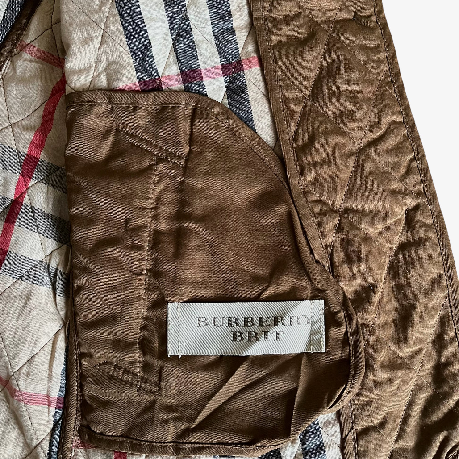 Vintage Y2K Womens Burberry Brit Brown Quilted Jacket With Nova Check Lining Label - Casspios Dream