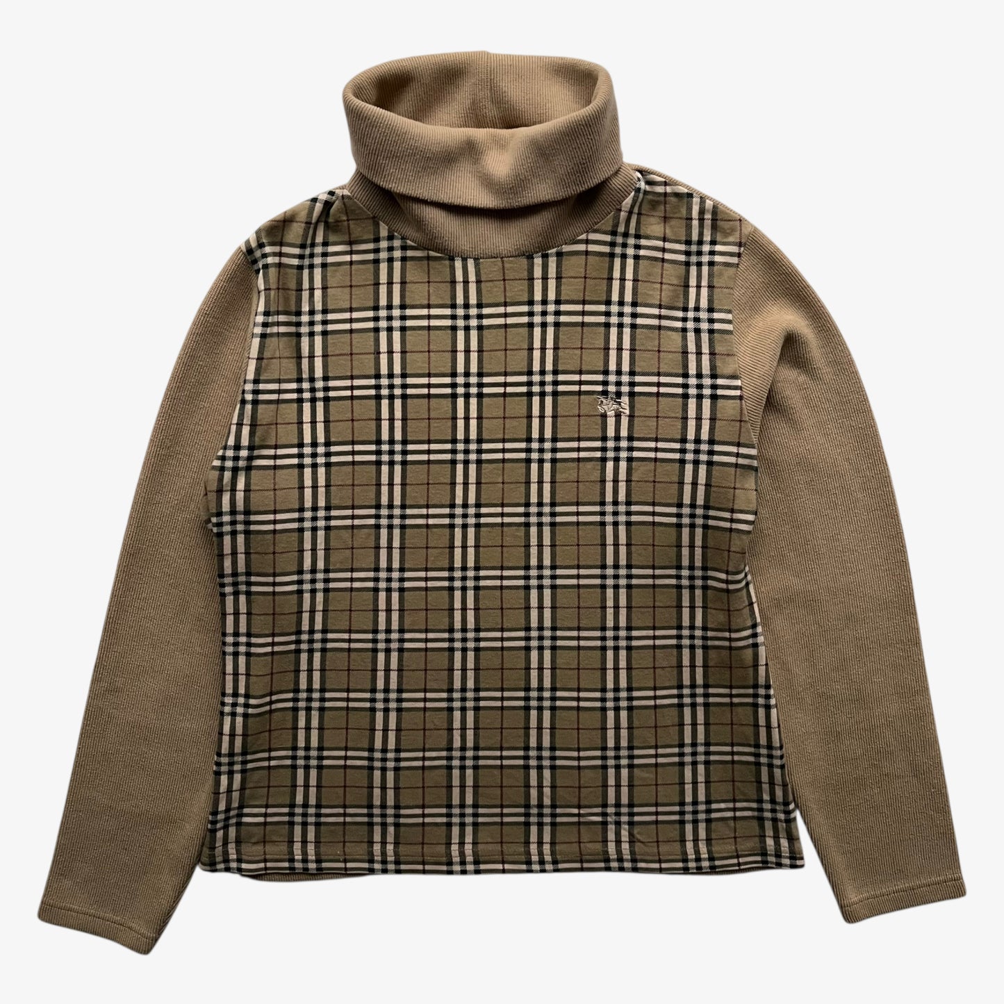 Vintage Y2K women's Burberry cotton turtleneck jumper featuring a nova check stripe.