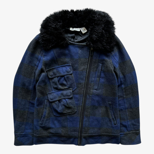 Vintage Y2K Womens DKNY Blue Tartan Print Wool Blend Utility Jacket With Faux Fur Collar - Casspios Dream