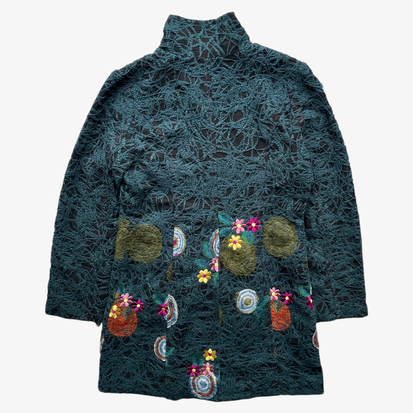 Back of vintage Y2K women's Desigual abstract floral embroidered green coat.