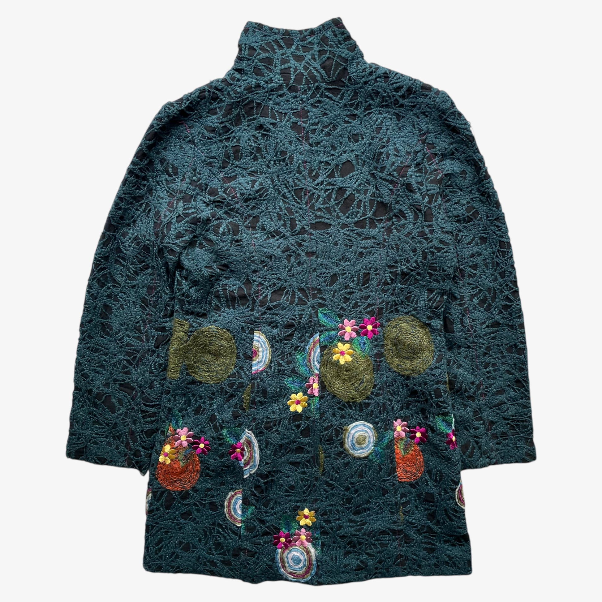 Back of vintage Y2K women's Desigual abstract floral embroidered green coat.