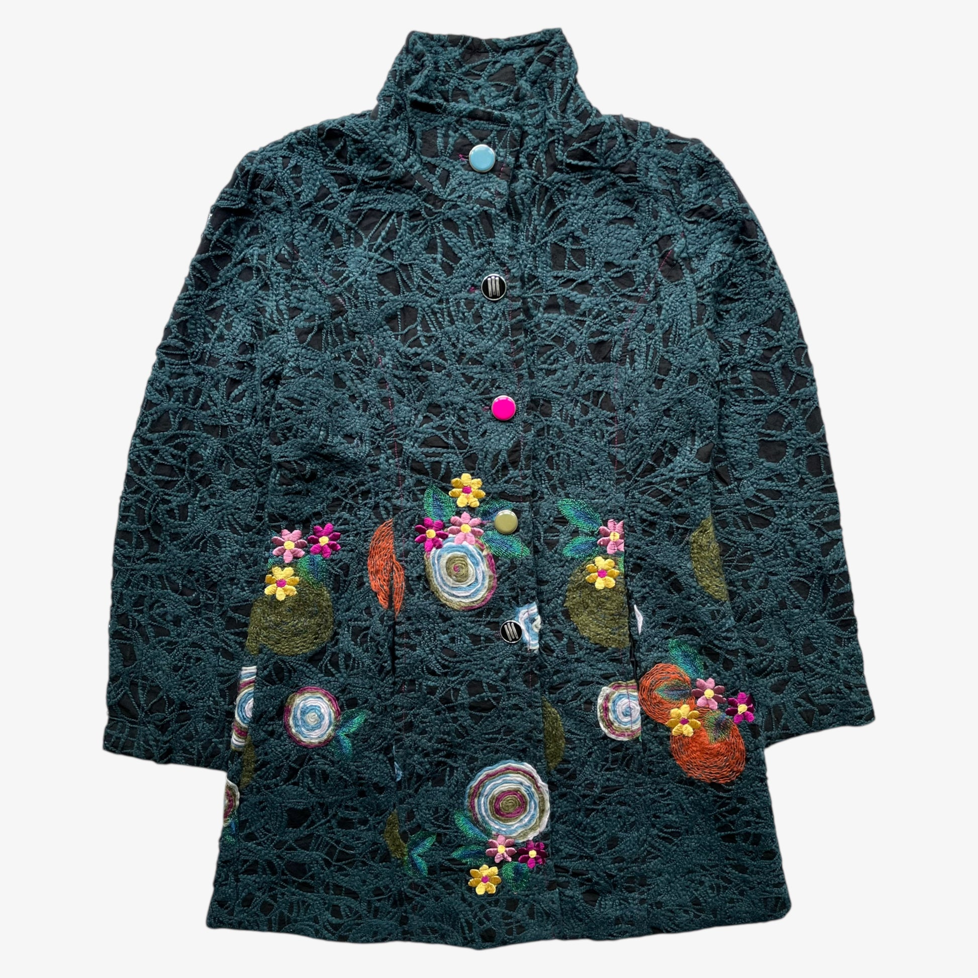 Vintage Y2K women's Desigual abstract floral embroidered green coat.