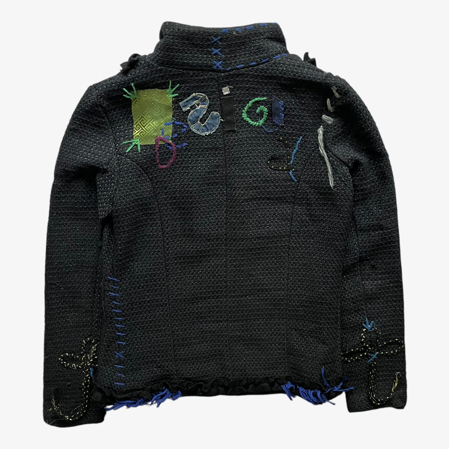 Vintage Y2K Womens Desigual Black Knitted Jacket With Embroidered Back Spell Out Back - Casspios Dream