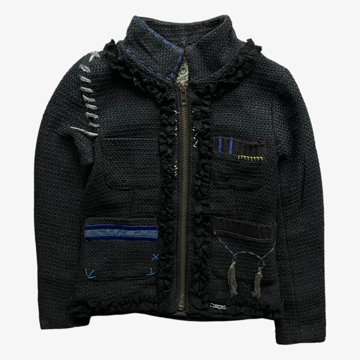 Vintage Y2K Womens Desigual Black Knitted Jacket With Embroidered Back Spell Out - Casspios Dream