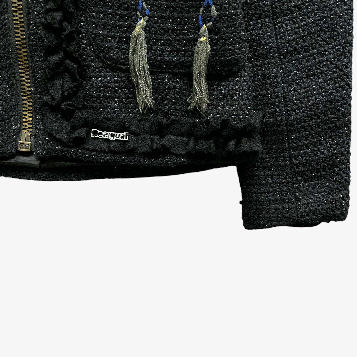 Vintage Y2K Womens Desigual Black Knitted Jacket With Embroidered Back Spell Out Hem - Casspios Dream