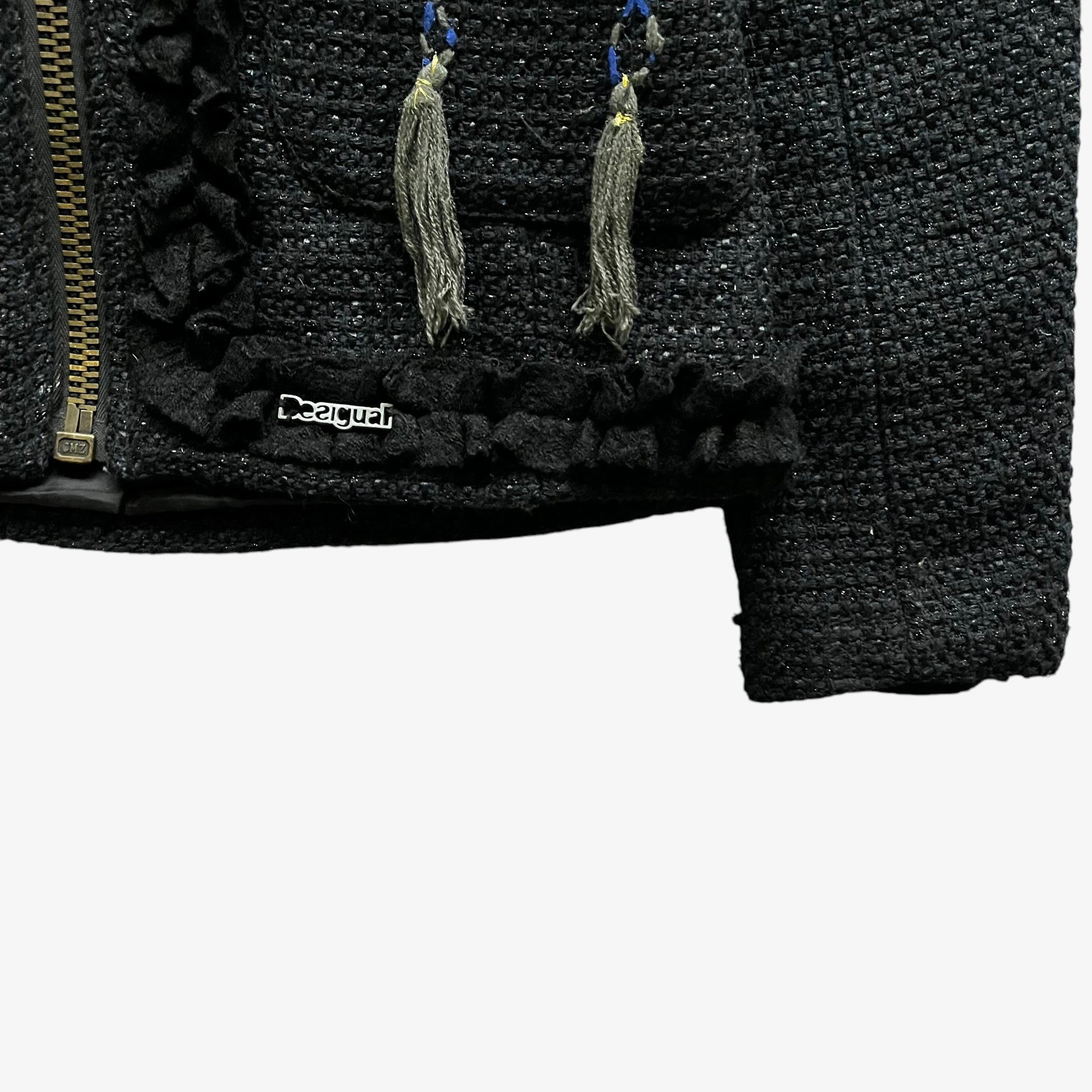 Vintage Y2K Womens Desigual Black Knitted Jacket With Embroidered Back Spell Out Hem - Casspios Dream