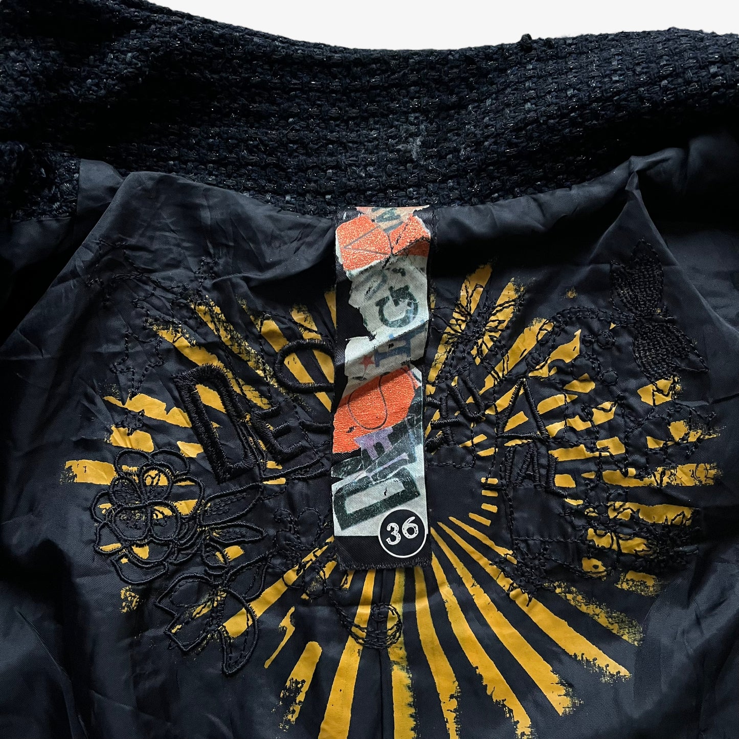 Vintage Y2K Womens Desigual Black Knitted Jacket With Embroidered Back Spell Out Label - Casspios Dream