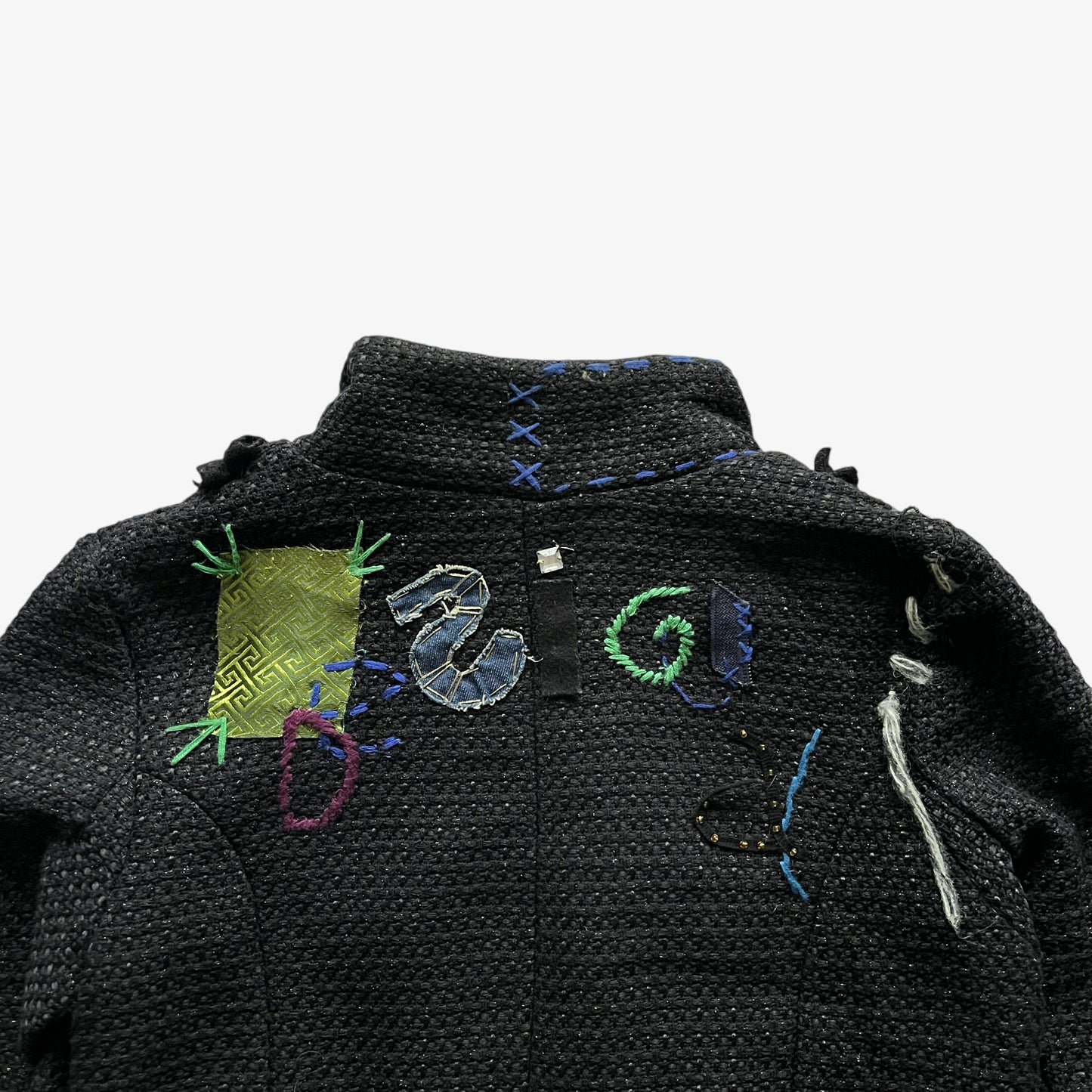 Vintage Y2K Womens Desigual Black Knitted Jacket With Embroidered Back Spell Out Logo - Casspios Dream