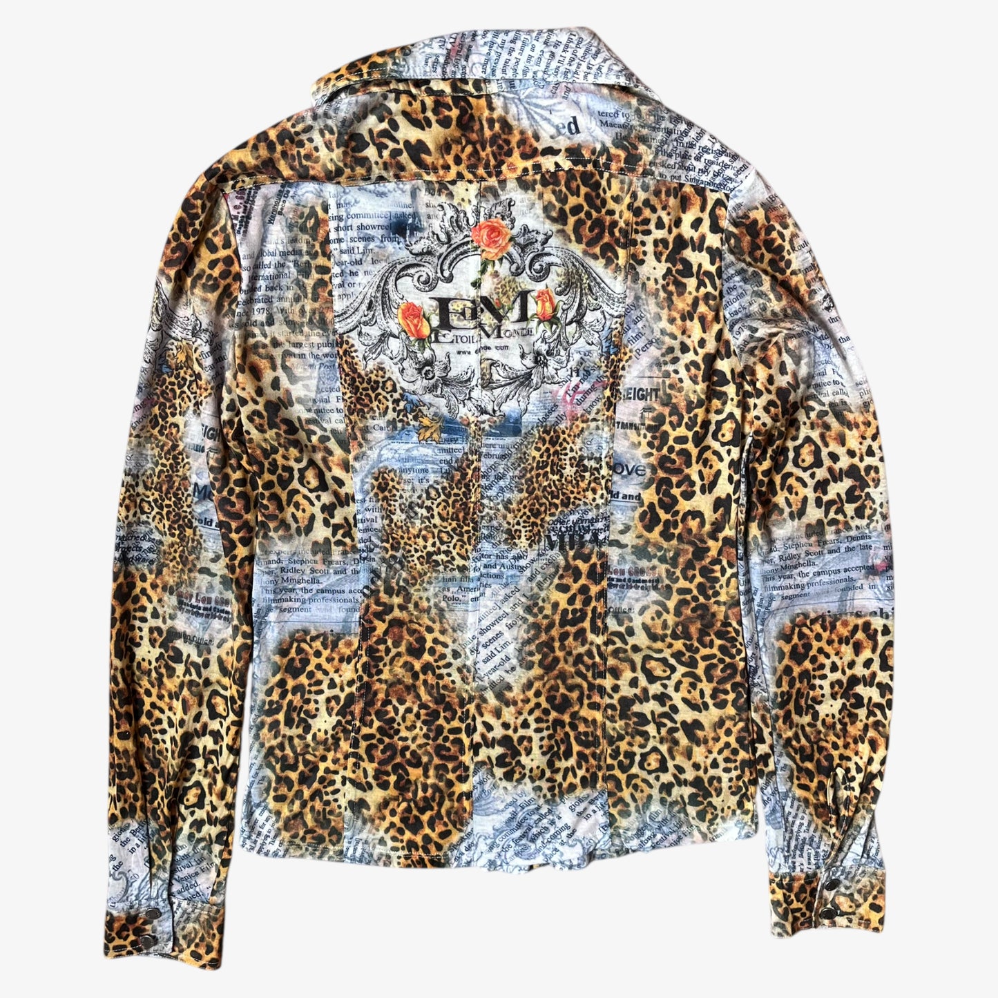 Back of vintage Y2K women's Etoile Du Monde leopard and newspaper print shirt.