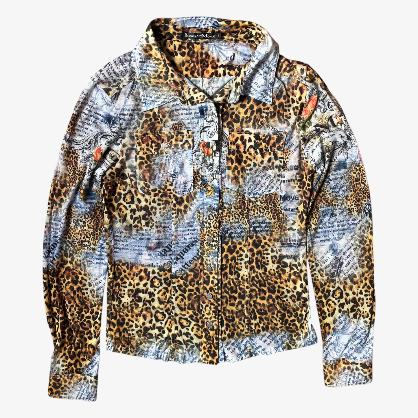 Vintage Y2K women's Etoile Du Monde leopard and newspaper print shirt.