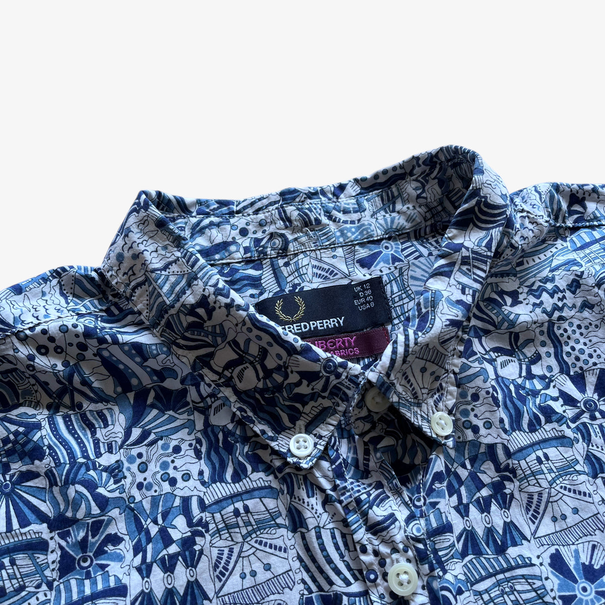 Vintage Y2K Womens Fred Perry Liberty Abstract Blue Print Shirt Collar - Casspios Dream