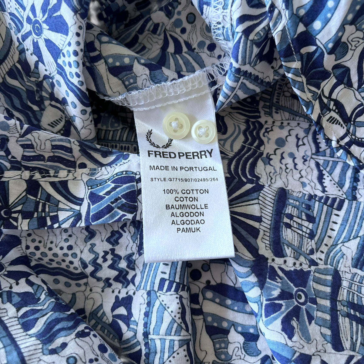 Vintage Y2K Womens Fred Perry Liberty Abstract Blue Print Shirt Inside Label - Casspios Dream