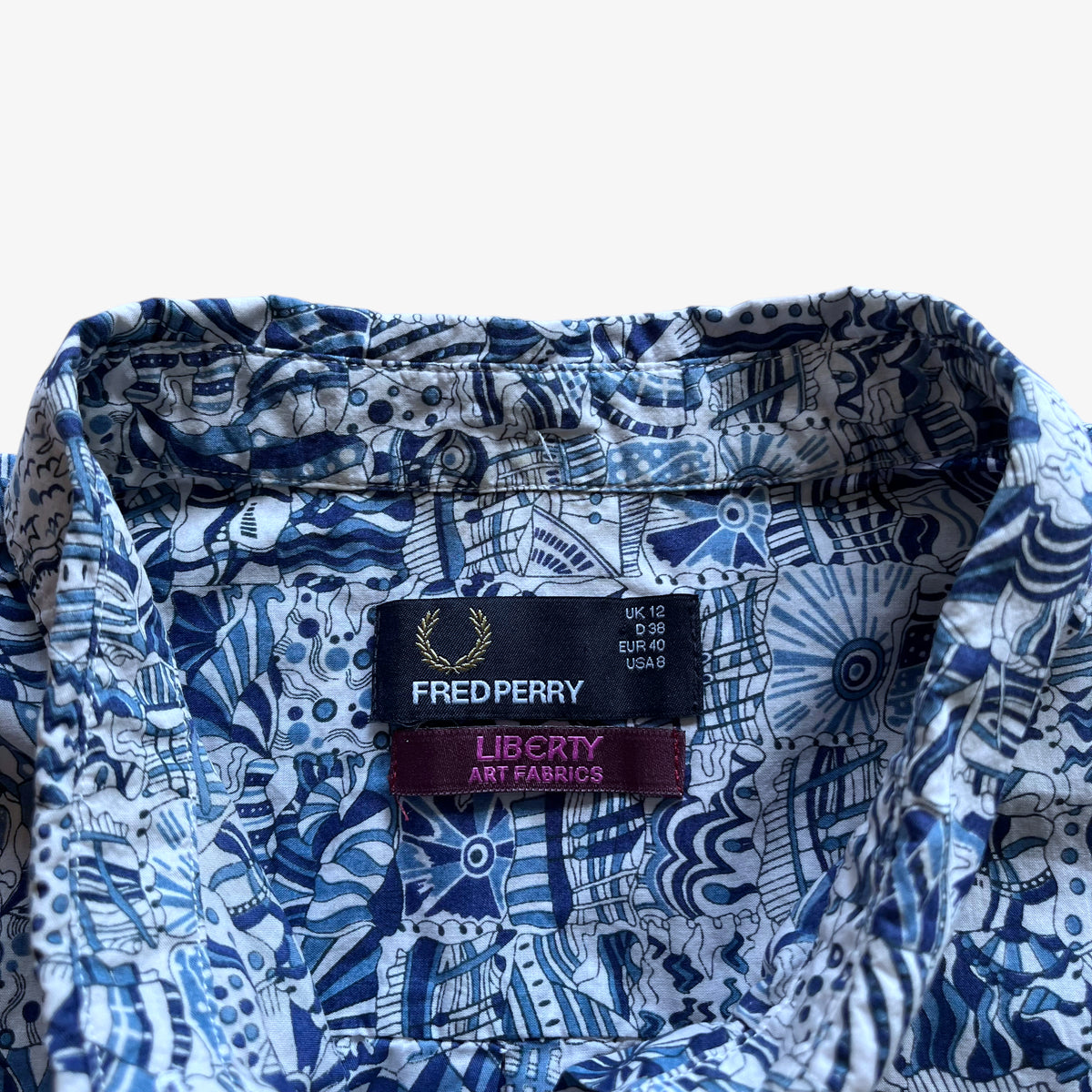 Vintage Y2K Womens Fred Perry Liberty Abstract Blue Print Shirt Label - Casspios Dream