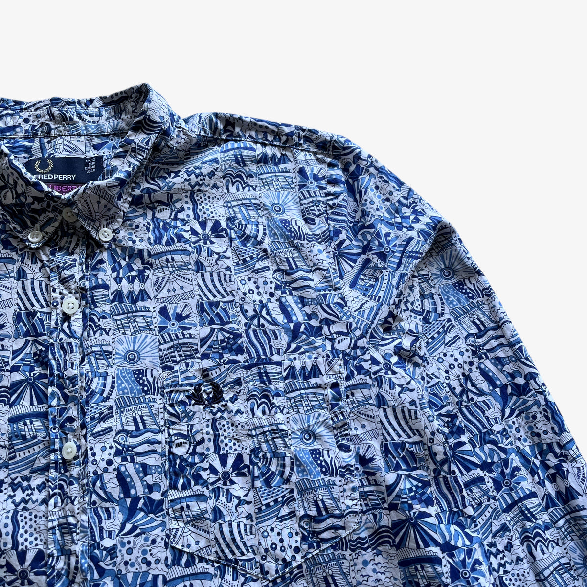 Vintage Y2K Womens Fred Perry Liberty Abstract Blue Print Shirt Logo - Casspios Dream