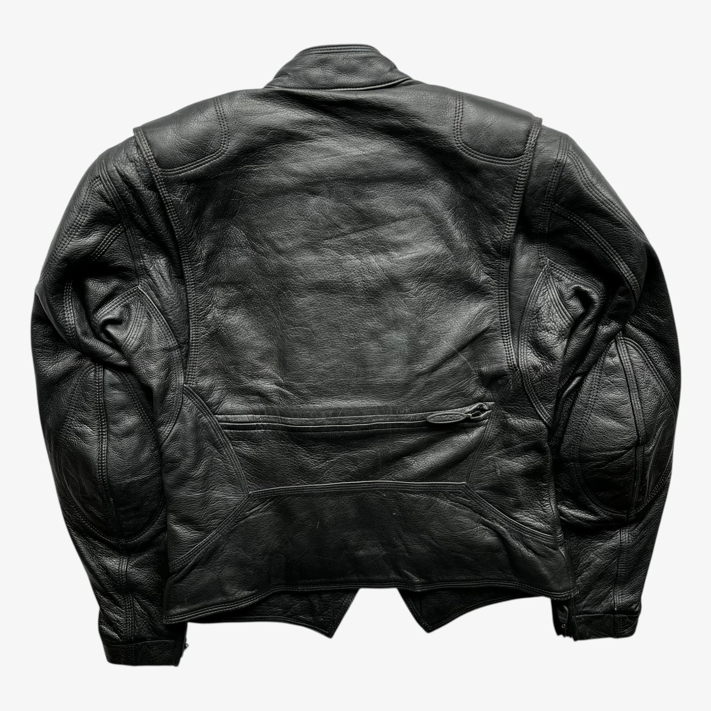 Back of vintage Y2K women's Harley Davidson FXRG Series 1 padded black leather biker jacket.