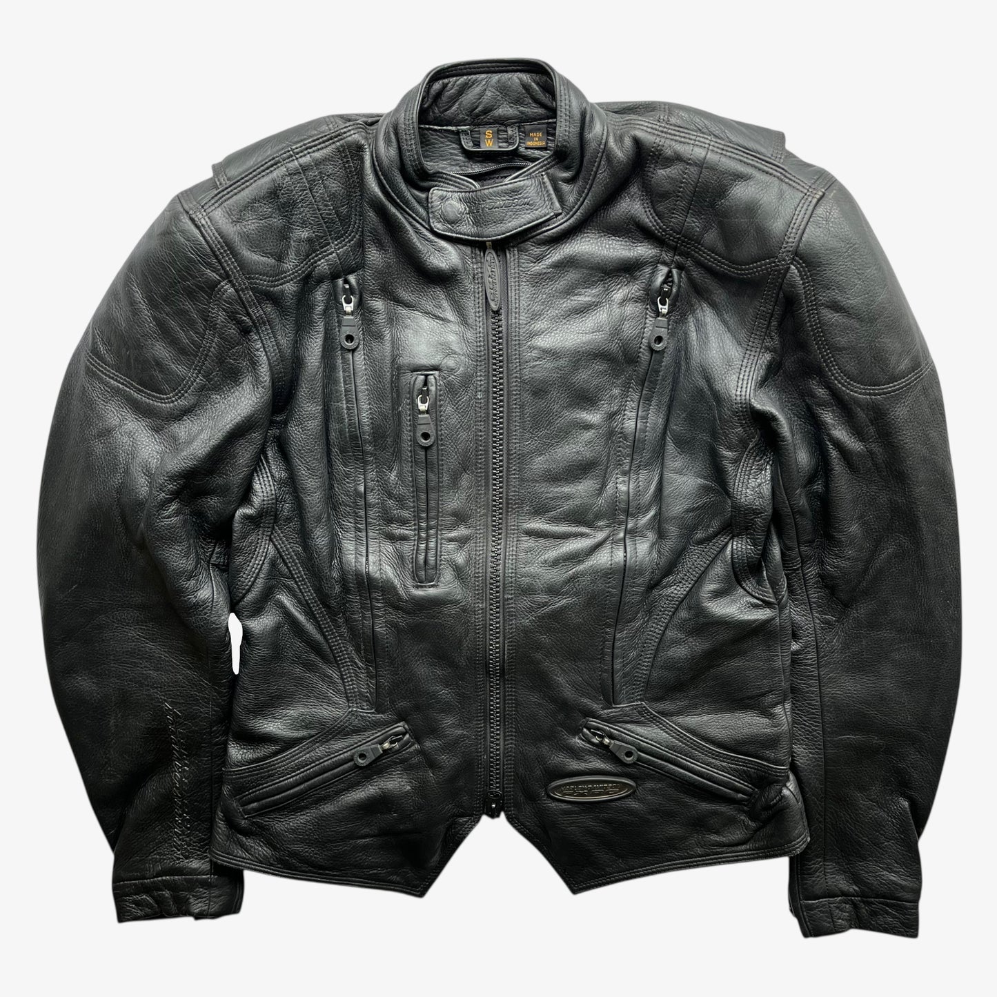Vintage Y2K women's Harley Davidson FXRG Series 1 padded black leather biker jacket.
