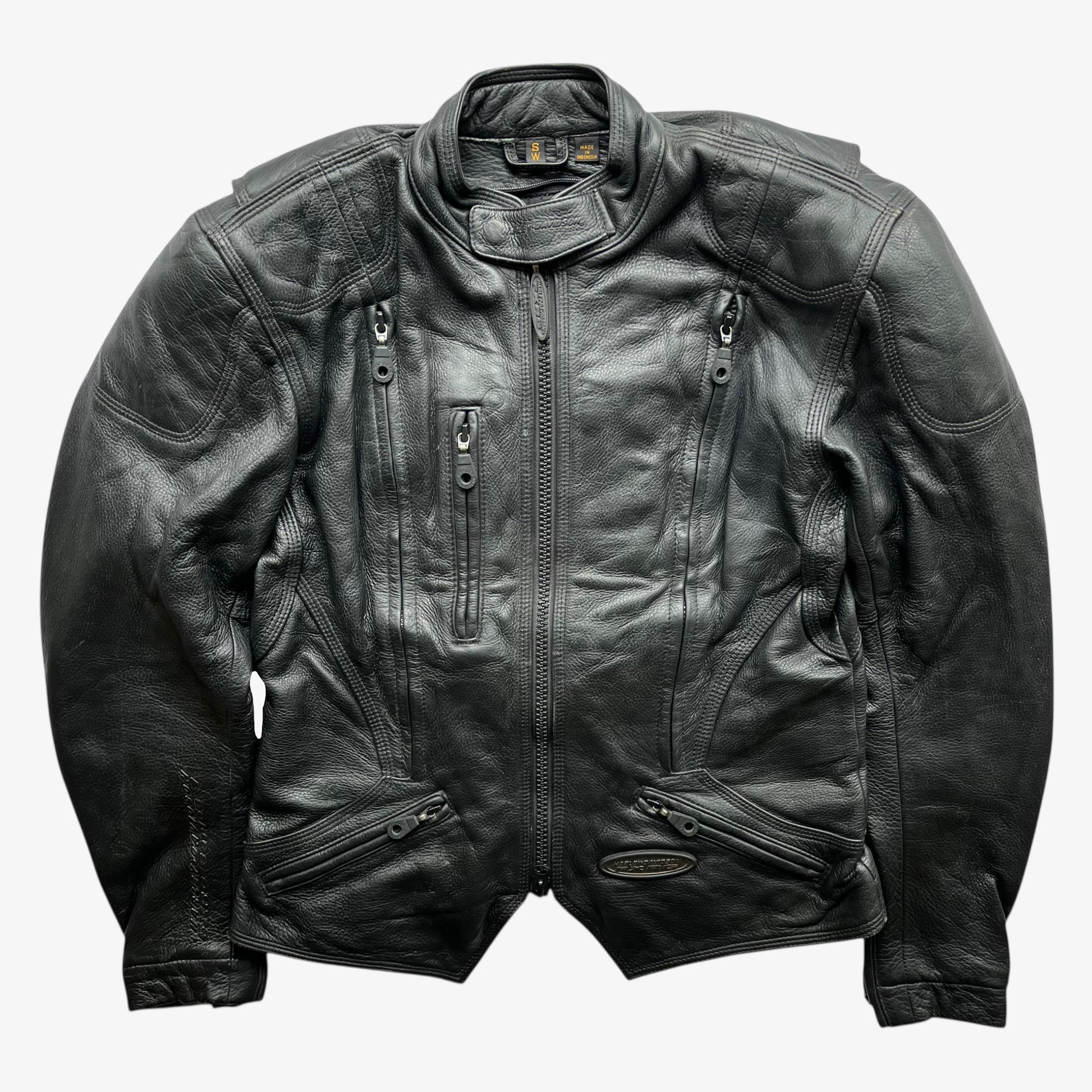 Vintage Y2K women's Harley Davidson FXRG Series 1 padded black leather biker jacket.