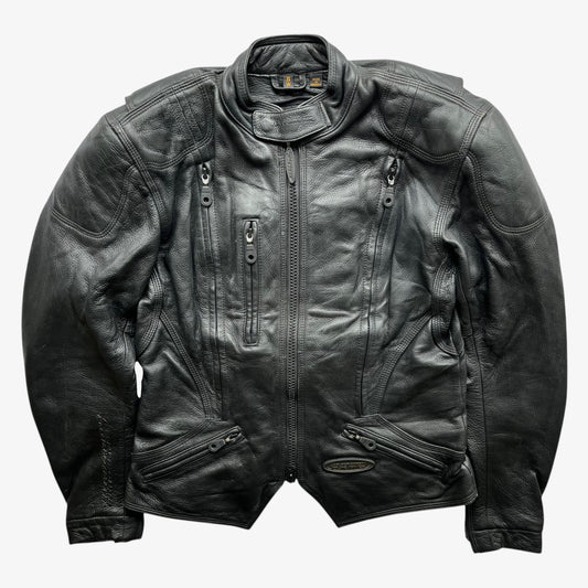 Vintage Y2K women's Harley Davidson FXRG Series 1 padded black leather biker jacket.