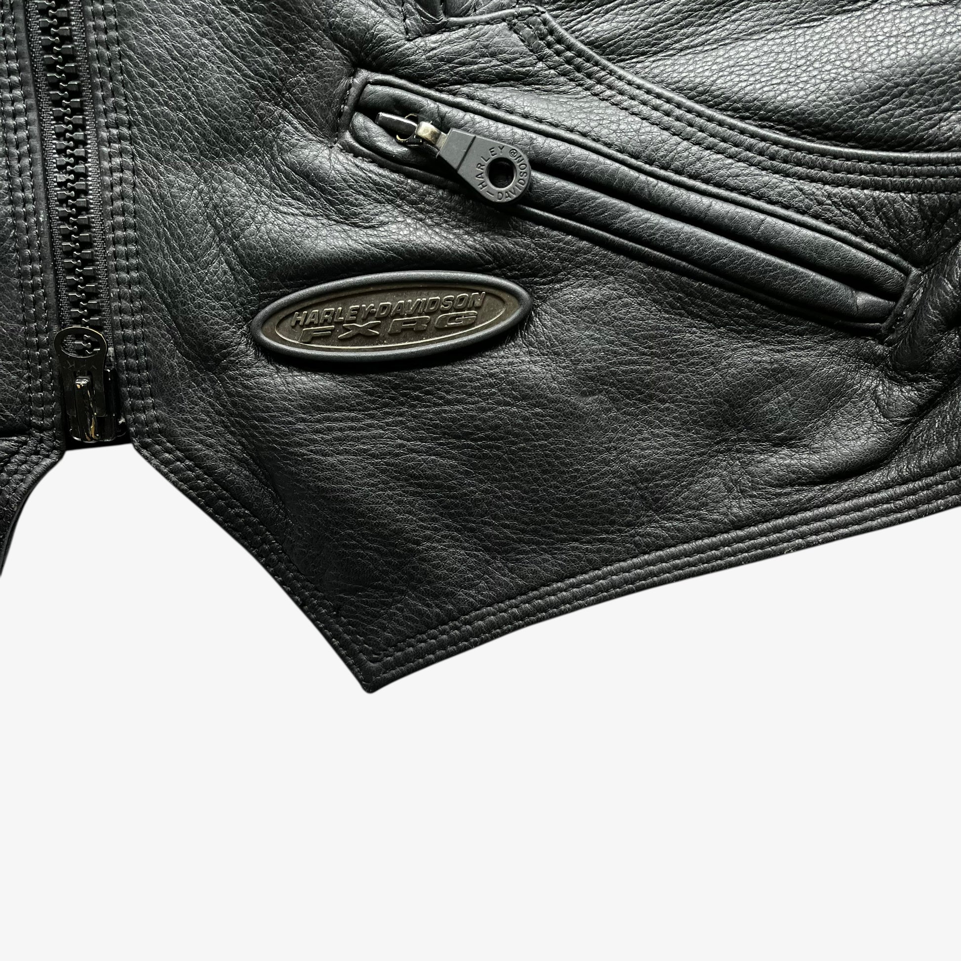 Harley Davidson FXRG logo on vintage Y2K women's Series 1 padded black leather biker jacket.