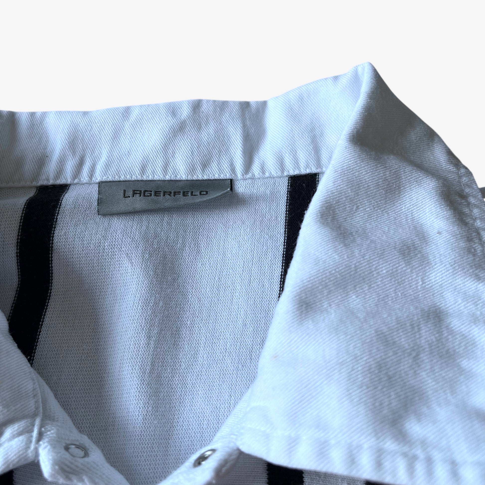 Vintage Y2K Womens Karl Lagerfeld Pinstripe White Rugby Shirt Collar - Casspios Dream