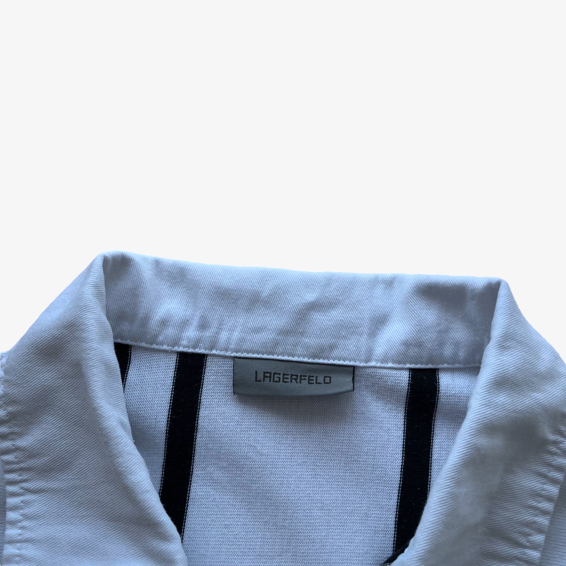 Vintage Y2K Womens Karl Lagerfeld Pinstripe White Rugby Shirt Label - Casspios Dream