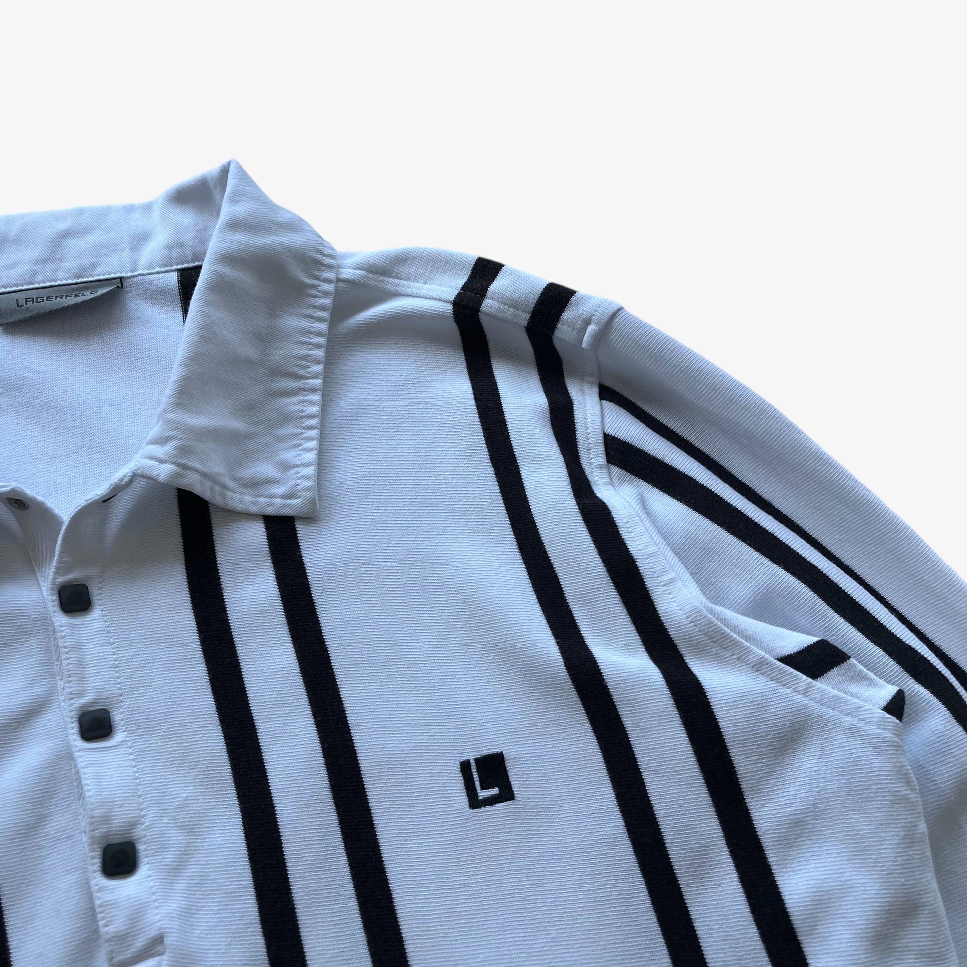 Vintage Y2K Womens Karl Lagerfeld Pinstripe White Rugby Shirt Logo - Casspios Dream