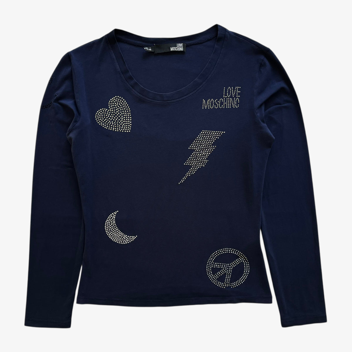 Vintage Y2K Womens Love Moschino Beaded Long Sleeve Navy Top - Casspios Dream
