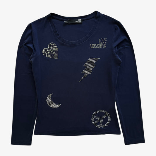Vintage Y2K Womens Love Moschino Beaded Long Sleeve Navy Top - Casspios Dream