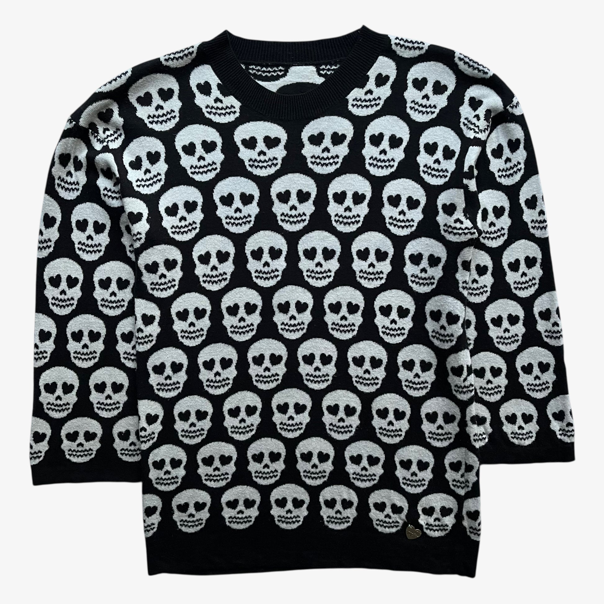Women's vintage Y2K Love Moschino geometric skull print black wool blend jumper.