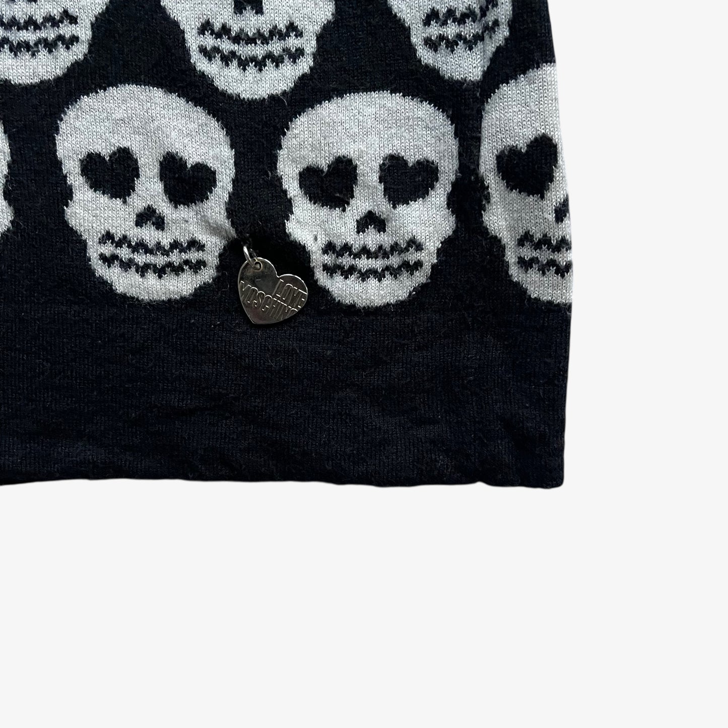 Love Moschino logo on women's vintage Y2K geometric skull print black wool blend jumper.