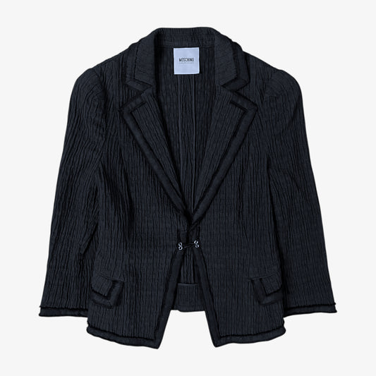 Vintage Y2K Moschino women’s black ribbed blazer with structured fit and classic tailored design.