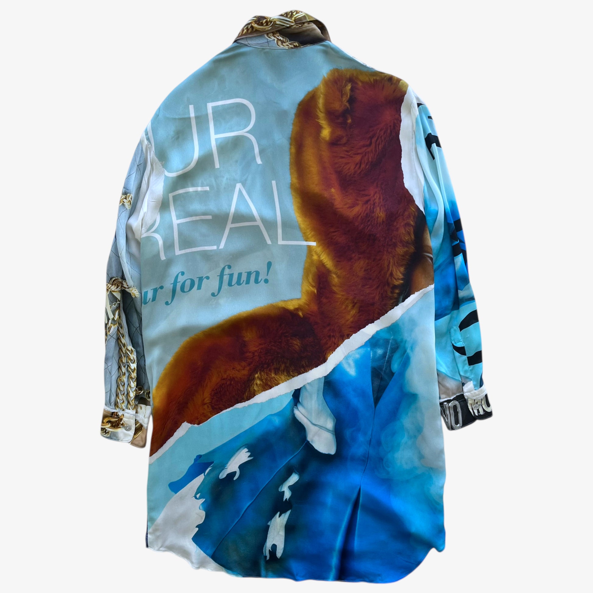 Vintage Y2K Womens Moschino Couture Abstract Print Blue Shirt Dress Back - Casspios Dream