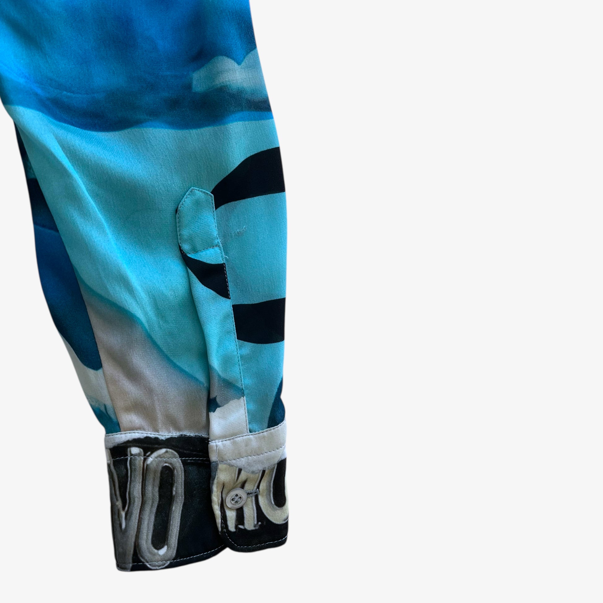 Vintage Y2K Womens Moschino Couture Abstract Print Blue Shirt Dress Cuff - Casspios Dream