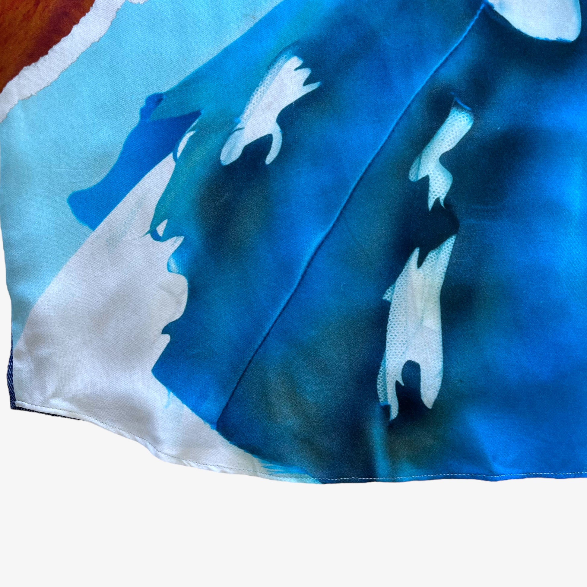 Vintage Y2K Womens Moschino Couture Abstract Print Blue Shirt Dress Hem - Casspios Dream