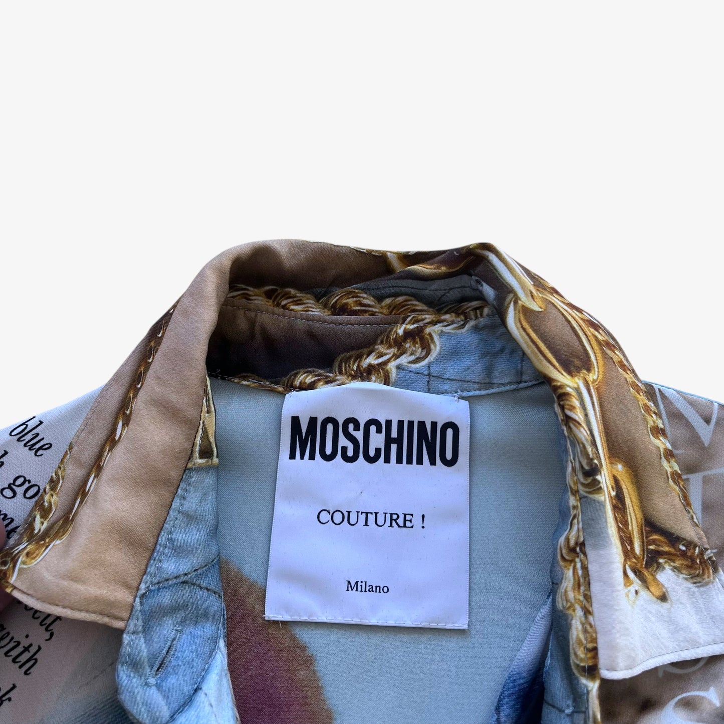 Vintage Y2K Womens Moschino Couture Abstract Print Blue Shirt Dress Label - Casspios Dream